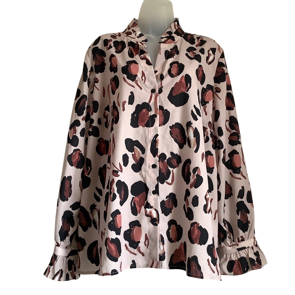 Eloquii Womens Pink Leopard Print Ruffle Collar Button Down Blouse Size 20 NWT